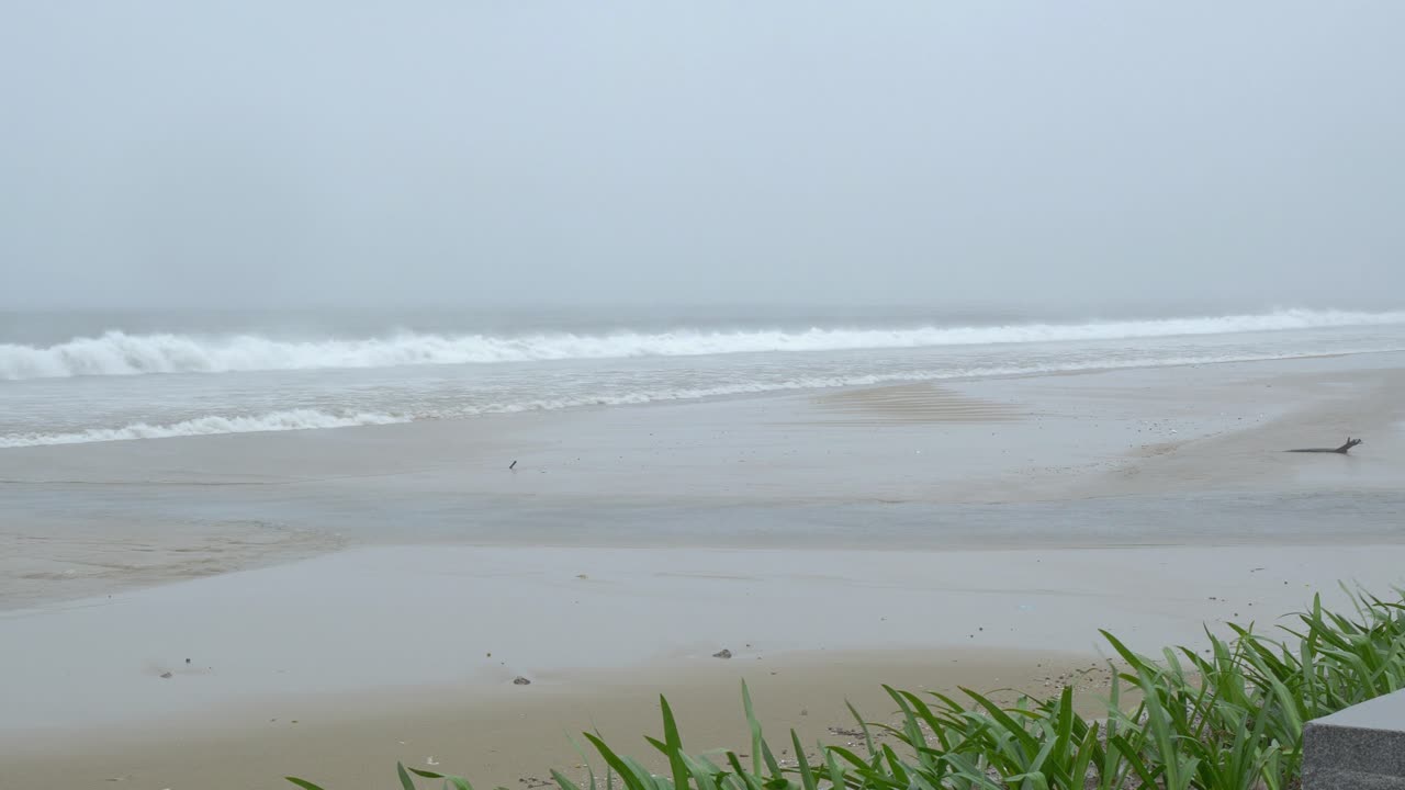 거친 남중국해와 다낭 해변에 부서지는 큰 파도, 들어오는 노루 태풍, 핸드헬드