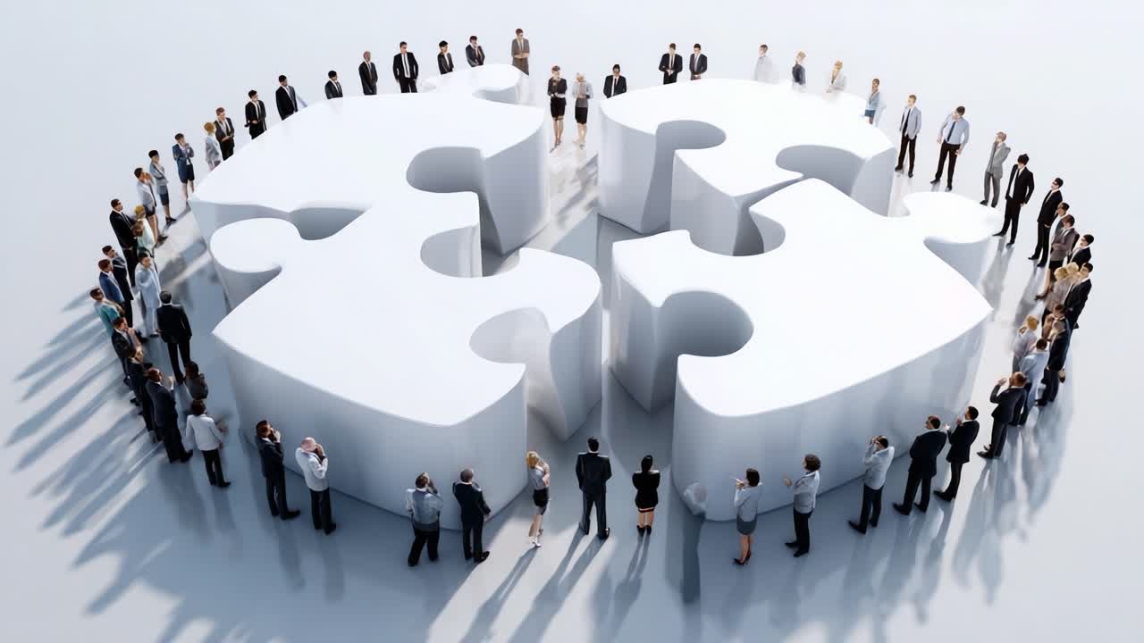 A Collaborative Effort Showcasing a Team of Professionals Engaged Around Large Puzzle Pieces Symbolizing Unity, Problem-Solving, and Innovative Approaches in a Modern Workspace