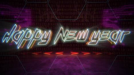 Animation-intro-text-Happy-New-Year-and-cyberpunk-animation-background-with-computer-matrix-numbers-and-grid-2