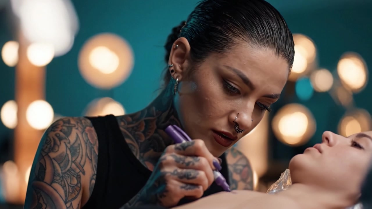 Elaborado Proceso de Tatuado: Un Artista Habilidoso Captura Emoción y Arte al Crear Hermoso Arte Corporal en un Cliente, Demostrando Maestría y Dedicación