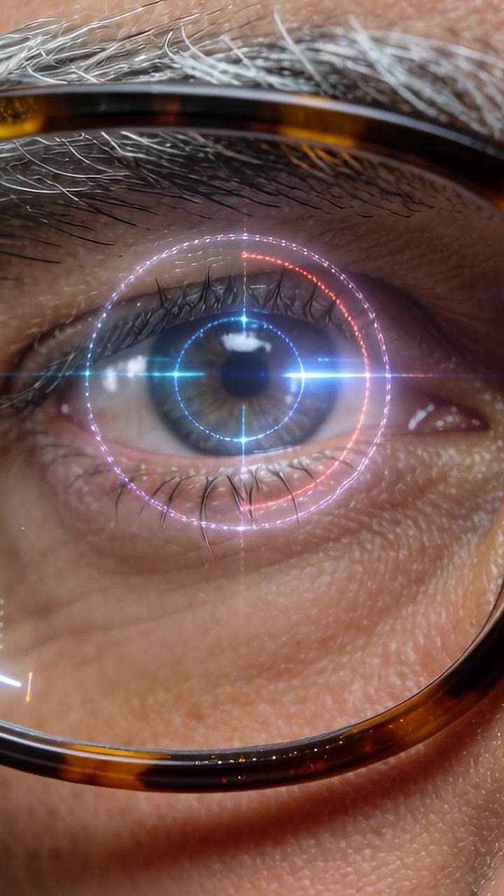 Vertical video: Holding senior gaze in close while cam activating reticle on tortoise frame for ID