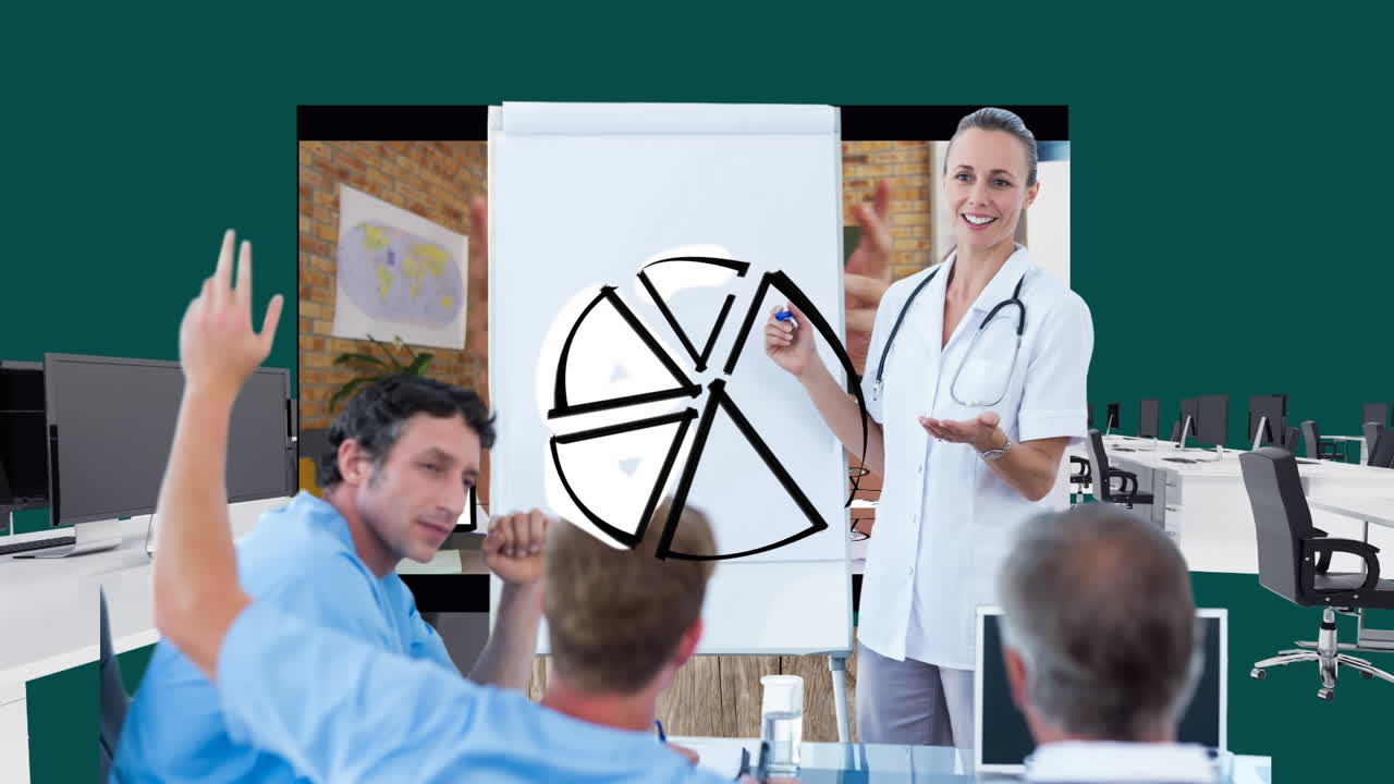 animación de gráfico de la tarta sobre la doctora caucásica haciendo una presentación.