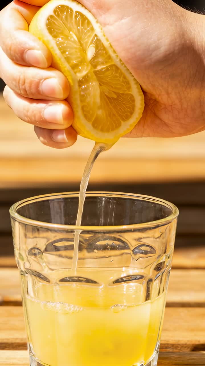 Video vertical: Mano exprimiendo medio limón sobre encimera de madera, añadiendo jugo a un vaso para beber.
