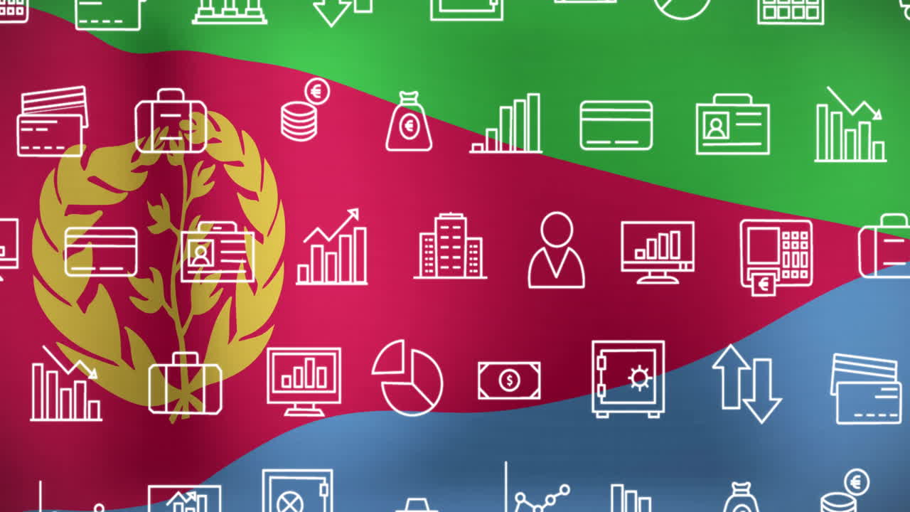 Animation of financial and business icons overlaying Eritrean flag background