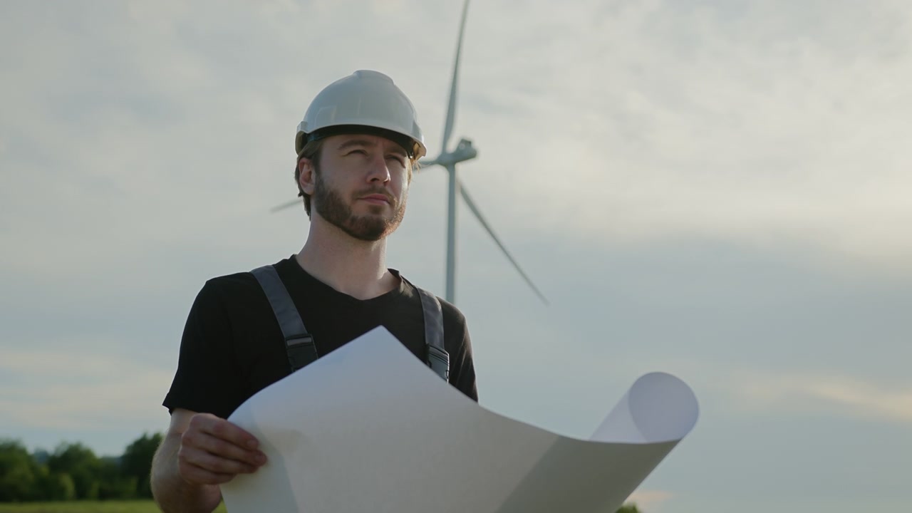 Man in hard hat and overalls examines blueprints near wind turbines under cloudy sky scene