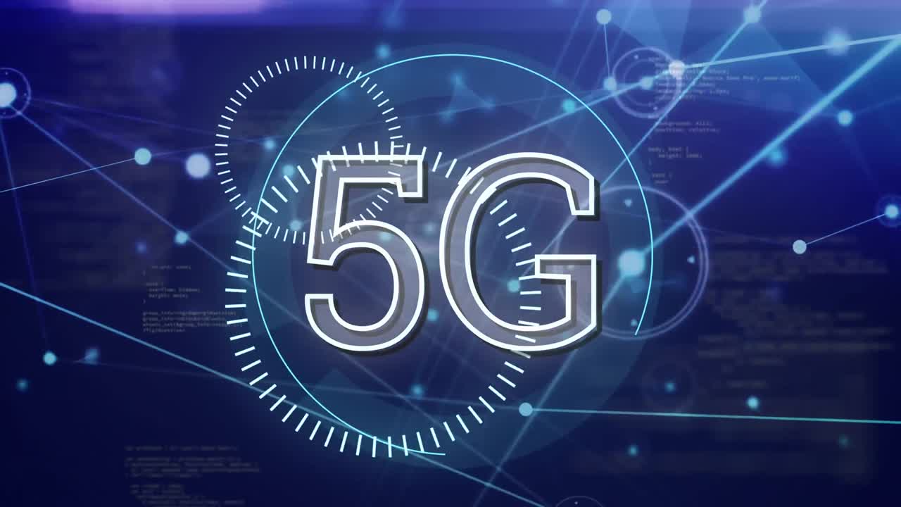 animazione di testo 5g, rete di connessioni e elaborazione dei dati