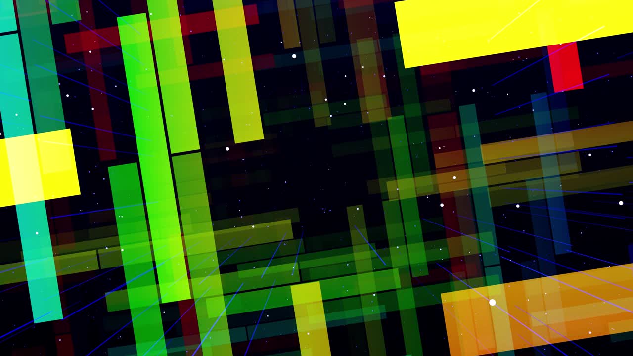 glow rectángulos, rayas y líneas. diseño de movimiento vj bucle. estructura 3d. gráfico de movimiento, cámara fly throungh espacio de arte abstracto, estructura multicapa con patrón y partículas. color gradiente arco iris