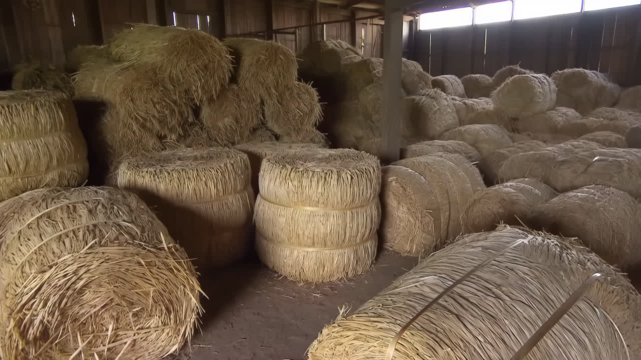 Bales of hay stored in a barn