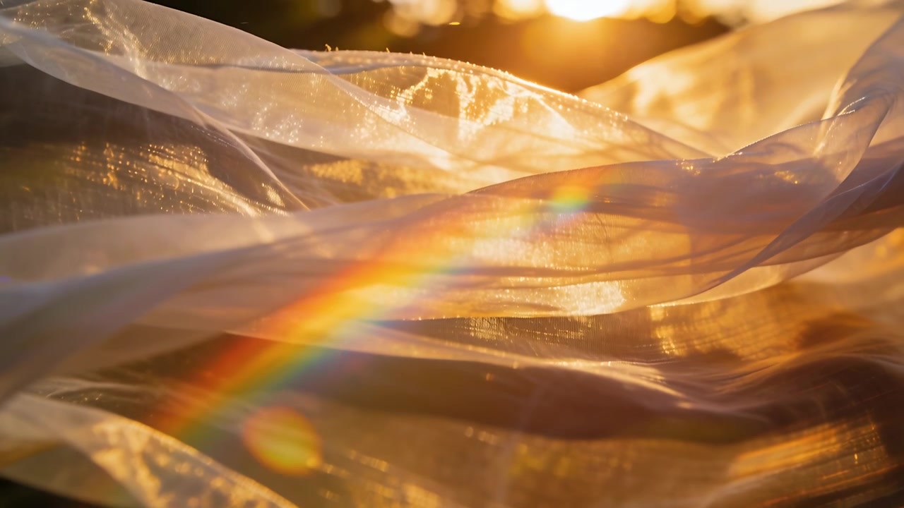Shifting sheer sheet rippling across meadow from low sun, casting diagonal rainbow and lens flare