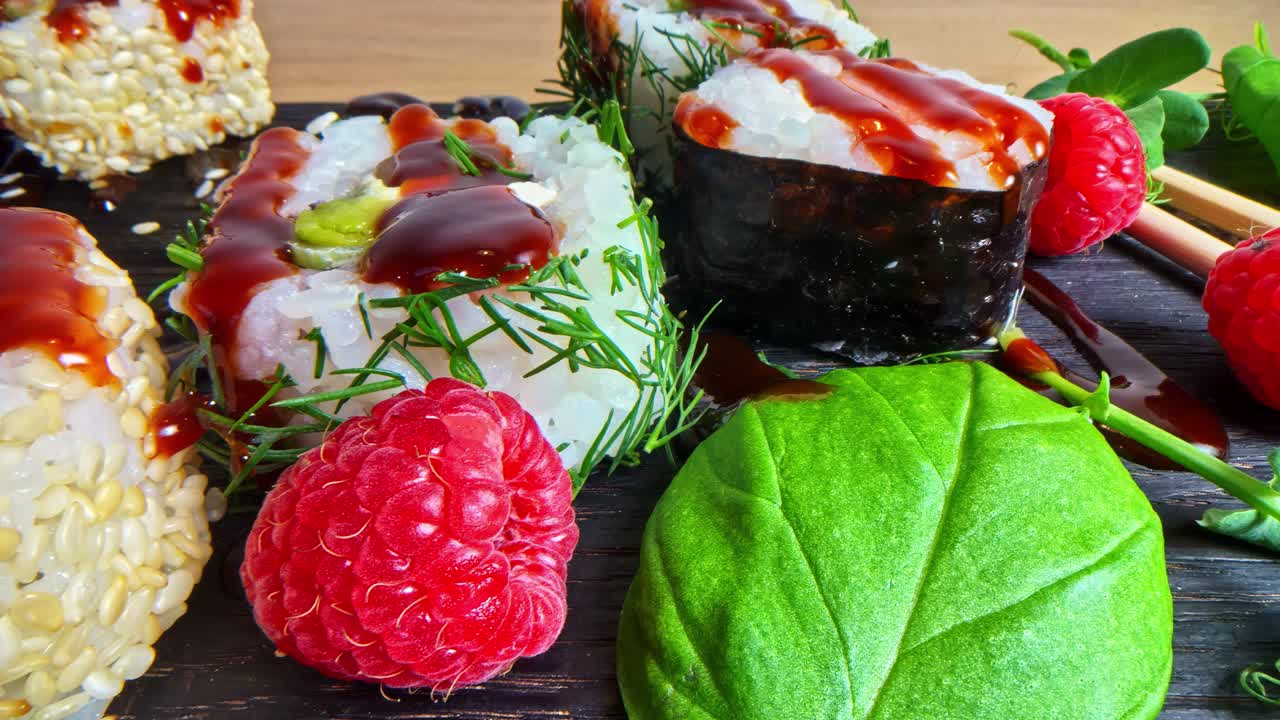 Colorful sushi with fresh raspberries and green garnish on a wooden plate