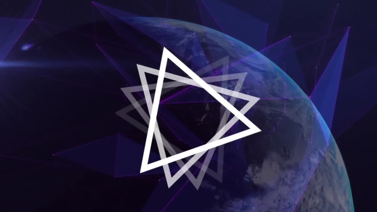 삼각형 모양의 회전과 플렉서스 네트워크는 파란색 바탕에 회전하는 지구에 대항합니다.