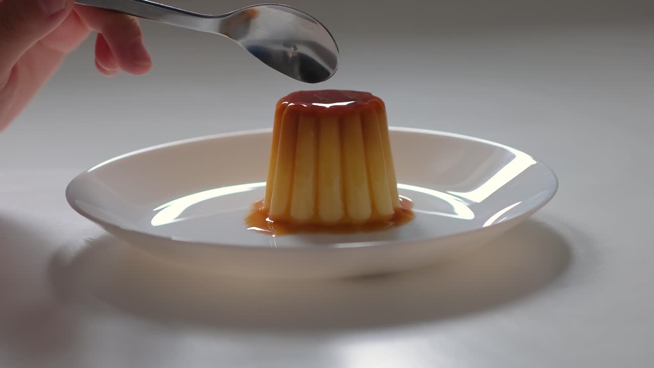 Pudding Dessert Served in Slow Motion Delicious Jelly Cake 4k