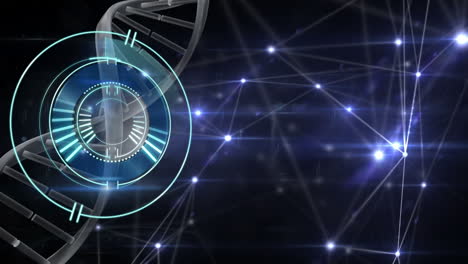 animation of processing circle and dna chain over black background with constellations