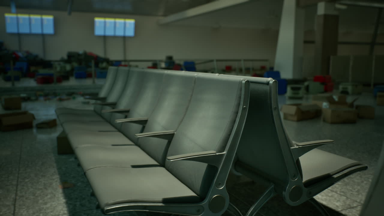 Area salotto abbandonata del terminal aeroportuale con file di sedie vuote e detriti