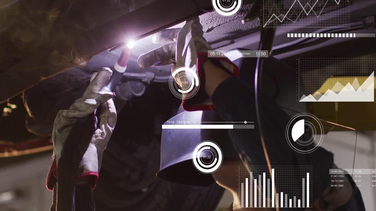 Female tech igniting torch and welding under auto fixing pipe, sparks, smoke, AR overlays rising
