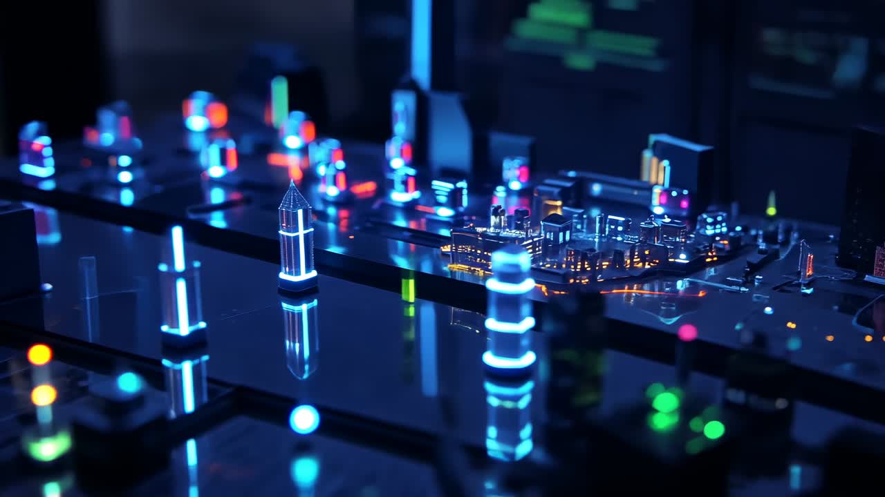 Panning virtual camera revealing shiny board in server bay, glowing columns, modules and readouts