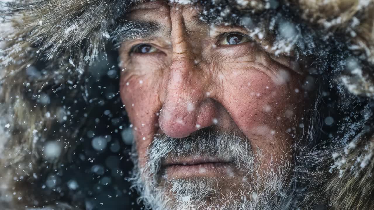 A Close-Up Portrait of a Resilient Elderly Man Weathering a Snowy Storm, Capturing His Determined Expression Amidst the Intensity of Winter's Chill