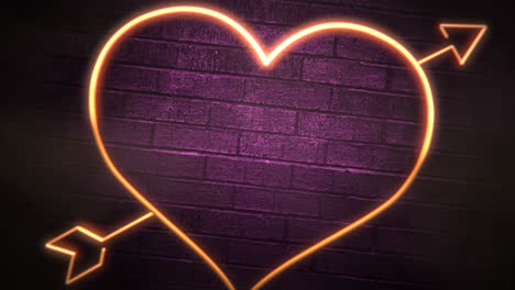 neon valentine heart and arrow on brick wall