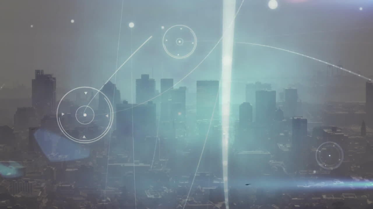 City skyline with futuristic data processing animation over buildings