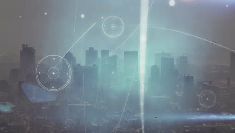 city skyline with futuristic data processing animation over buildings