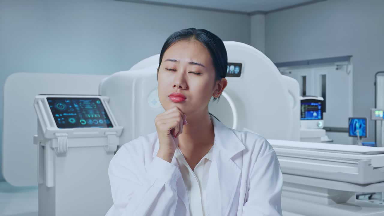Close Up Of Asian Woman Doctor Thinking About Something And Looking Around Then Raising Her Index Finger With Mri Machine In The Hospital