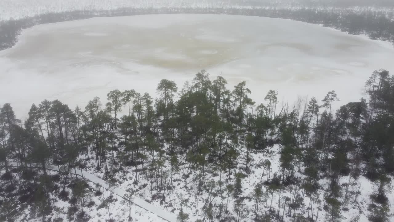 Drone lähestymässä suojärveä Meenikunnon suolla Virossa talvella