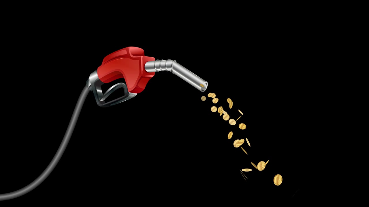 A red gas nozzle pours gold coins over a rising blue bar graph and arrow