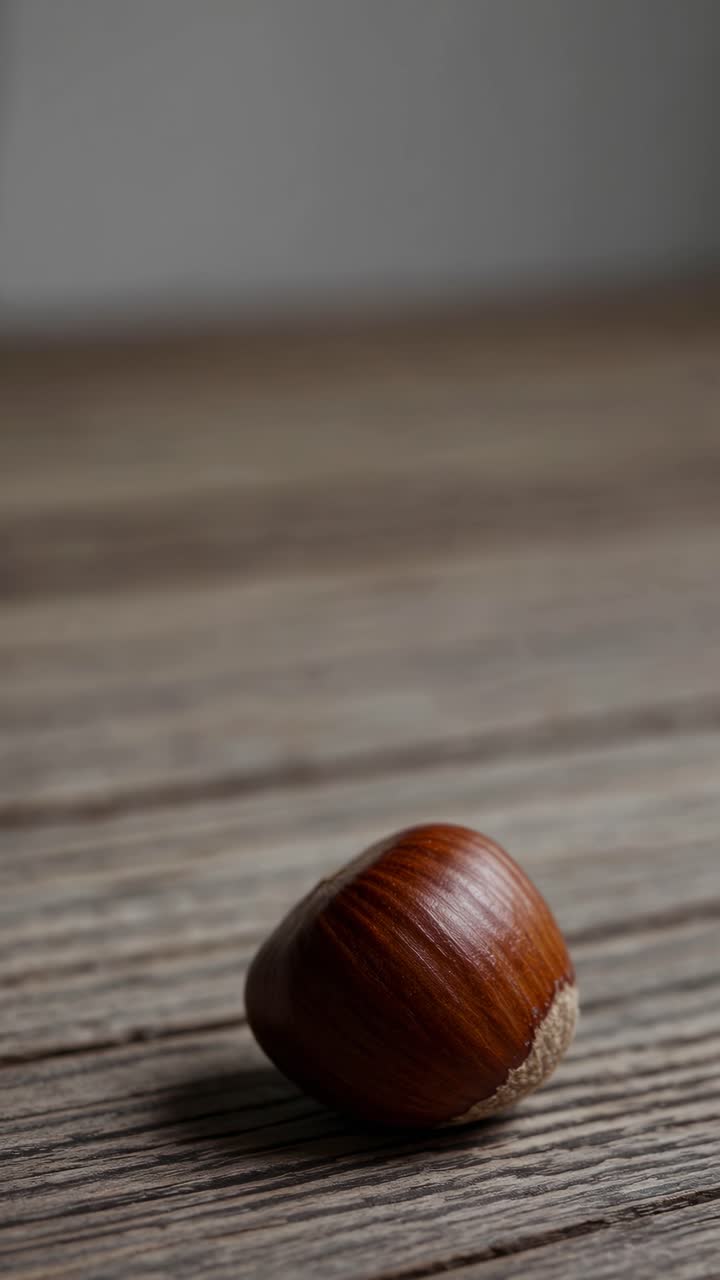 Close-up video concept of a single chestnut on rustic wooden surface