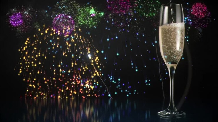 Bicchiere di champagne con fuochi d'artificio sullo sfondo