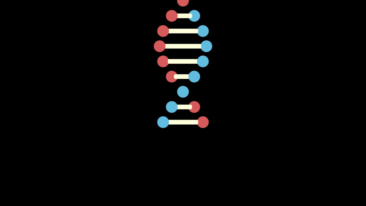 2D animation of DNA on a black background. Pedestal shot from top to bottom. 60FPS