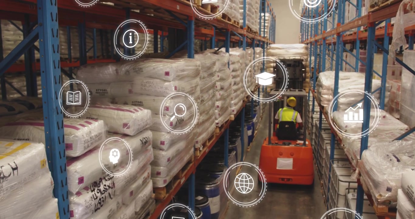 Upon target icon appearing forklift steering through warehouse aisle, AR icons guiding inventory