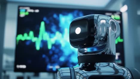 a highly polished robot interacts with digital displays in a high-tech laboratory, showcasing its capabilities through real-time data visualization and analysis.