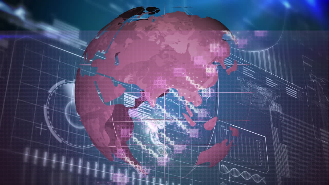 Animation of globe and dna strand spinning with data processing on screen