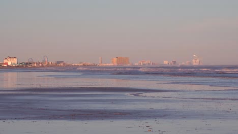 Stunning-View-Of-Ocean-City-From-The-Coast-Of-Atlantic-Ocean-In-New-Jersey-On-A-Sunset---wide-shot