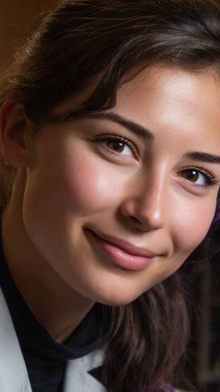 A close-up portrait of a young woman with natural beauty, showcasing her radiant skin, gentle smile, and flowing dark hair, capturing a moment of joy and confidence