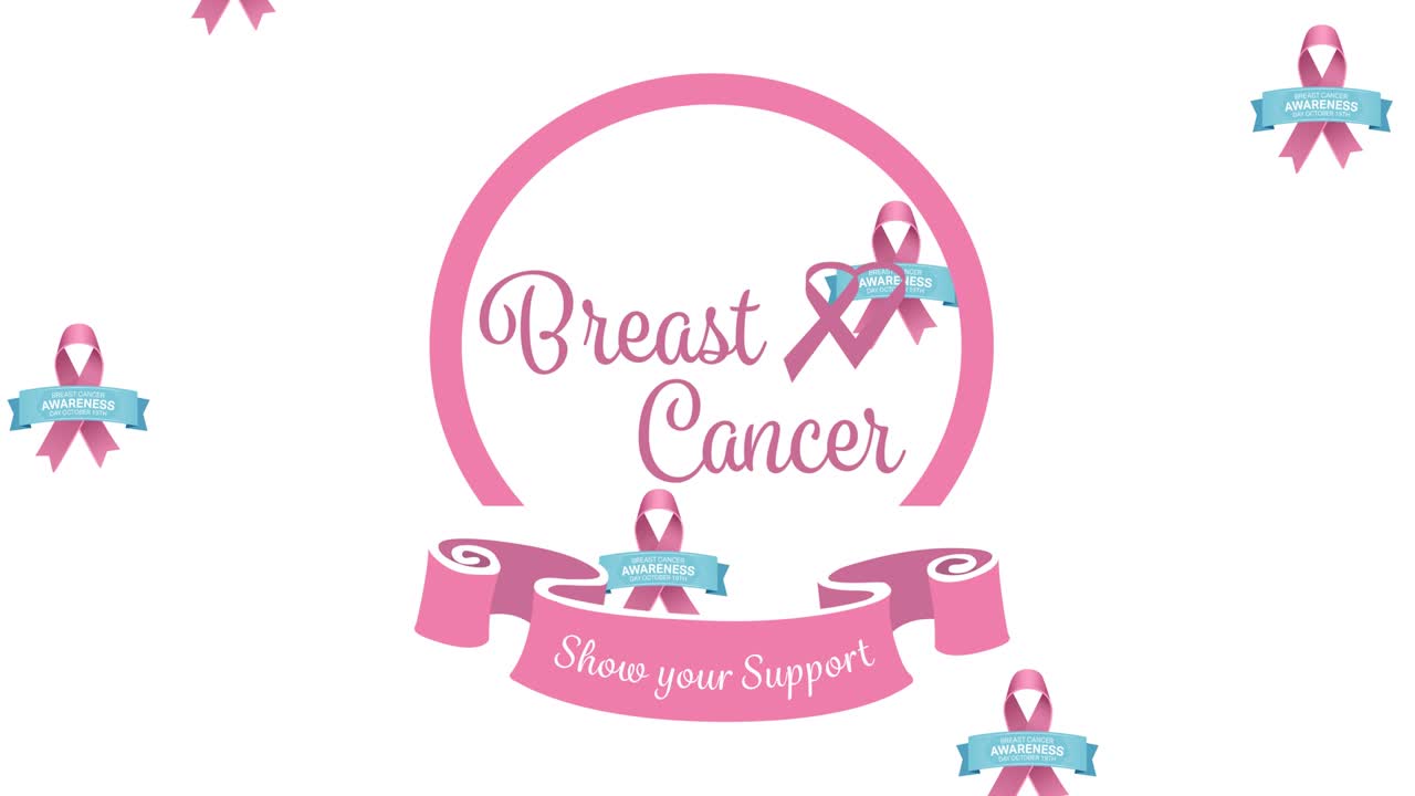 ⁇ 색 배경에 나타나는 유방암 텍스트 위에 떨어지는 여러 개의 분홍색 리본 로고의 애니메이션