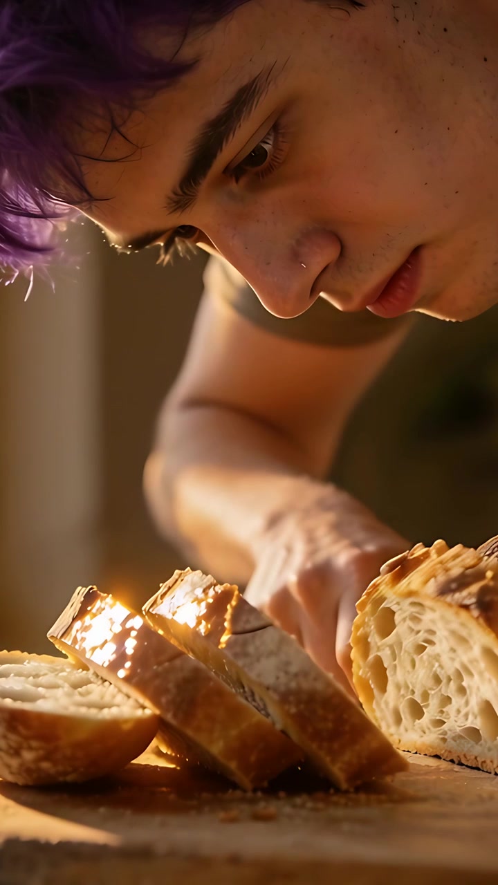 Vertical video: Sunlight causing cook in olive tee slicing loaf with bread knife on board for meal