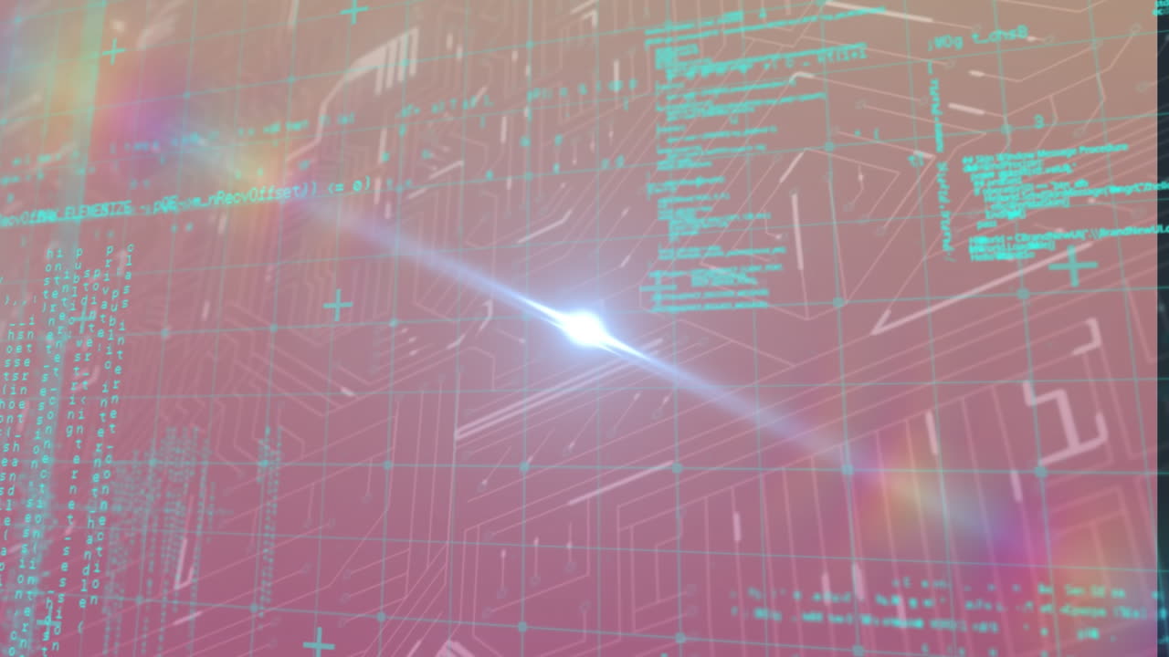 프로그래밍 데이터, 그리드 및 빛을 움직이는 신호로 그래픽 회로판 위에 애니메이션