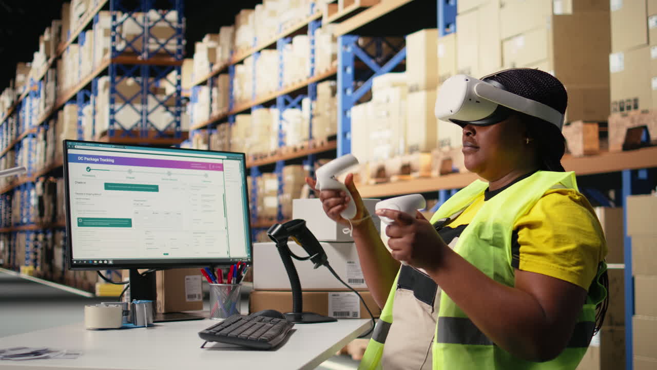 Vertical Video African american woman working with VR tech system to process orders