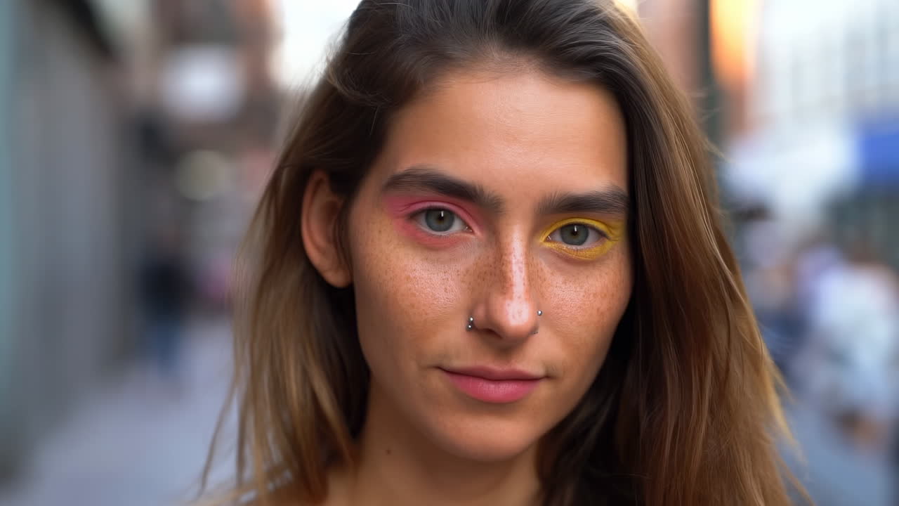 Retrato de primer plano de mujer joven con sombra de ojos colorida y piercings.