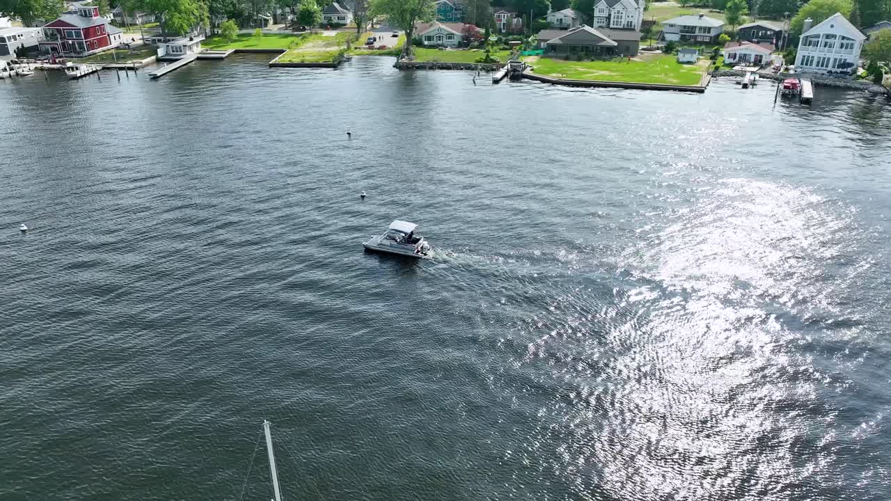 High angle of a small pontoon boat