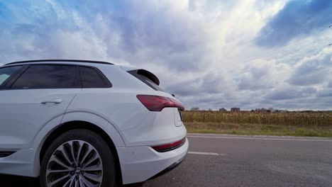 vinnitsa, ukraine - september 2019: presentation of a white audi e-tron, compact luxury crossover suv. modern new cars for sale