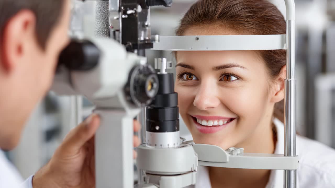 Patient Smiling During Eye Examination with an Optometrist Using a Vision Testing Device for Accurate Eyewear Prescription and Eye Health Assessment
