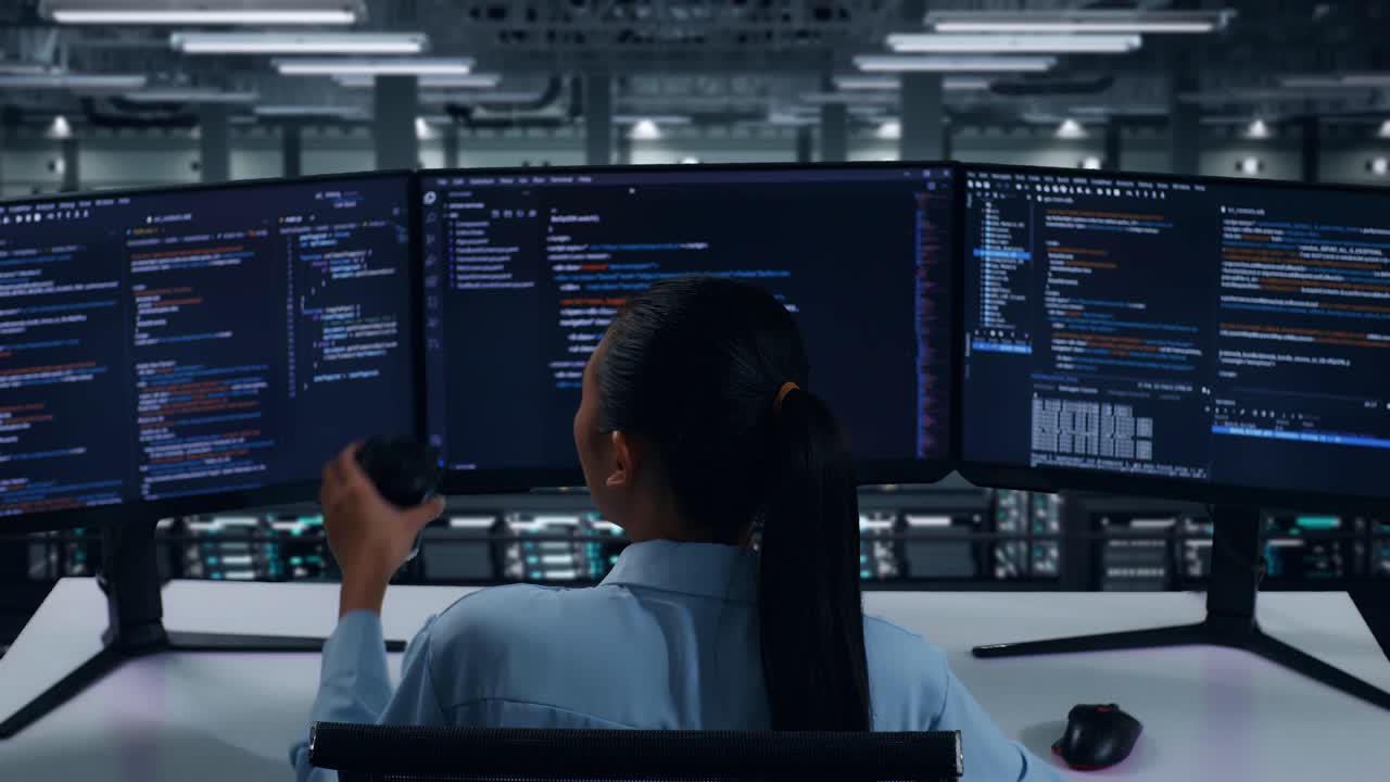 vista trasera de una desarrolladora asiática bebiendo café y usando una computadora para escribir código con múltiples pantallas en un centro de datos
