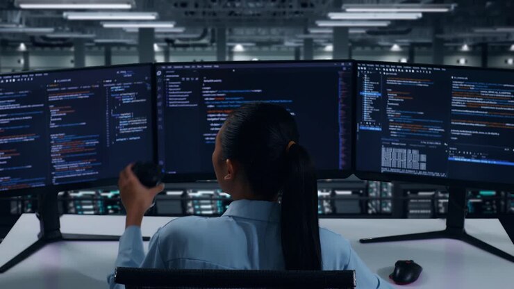 Back View Of Asian Woman Developer Drinking Coffee And Using Computer To Write Code With Multiple Screens In Data Center