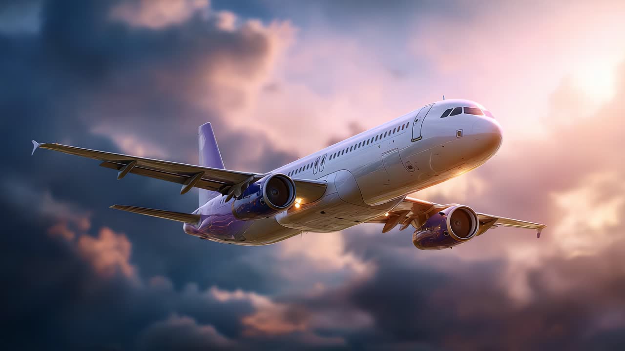 Uno splendido aeroplano che vola tra nuvole spettacolari, catturando l'essenza del viaggio e dell'avventura con un bellissimo tramonto sullo sfondo nel cielo