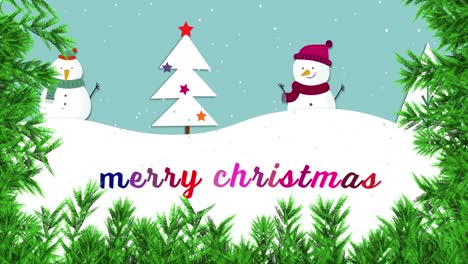 Animation-of-merry-christmas-text-over-winter-scenery-with-christmas-tree-and-two-snowmen