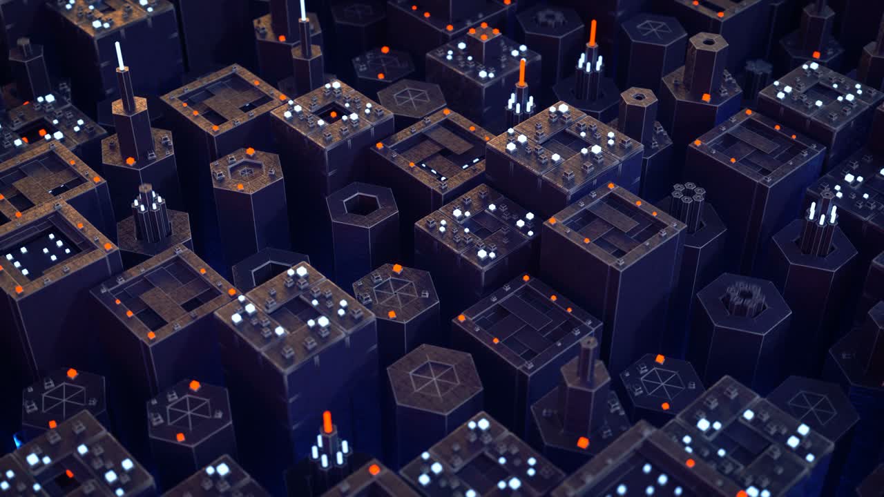 Technical metallic constructions with glowing parts loopable 3D render animation