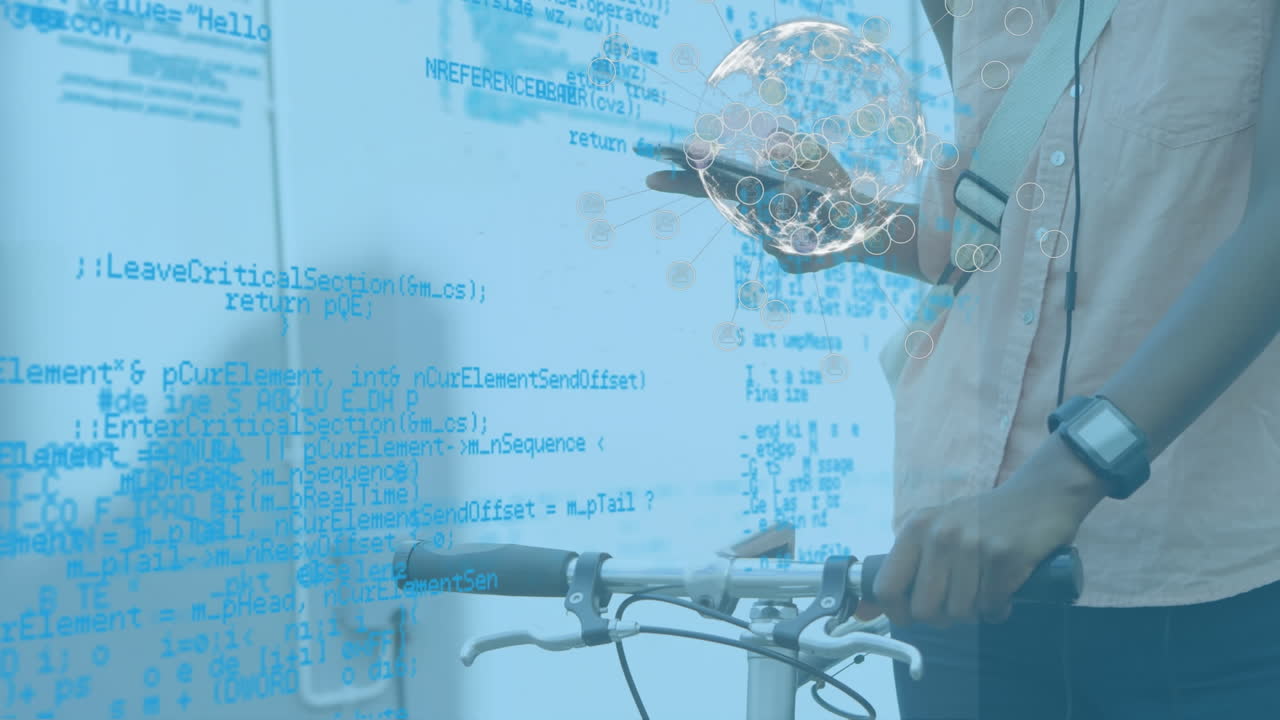 스마트폰을 사용하는 여성에 대한 지구의 애니메이션과 데이터 처리