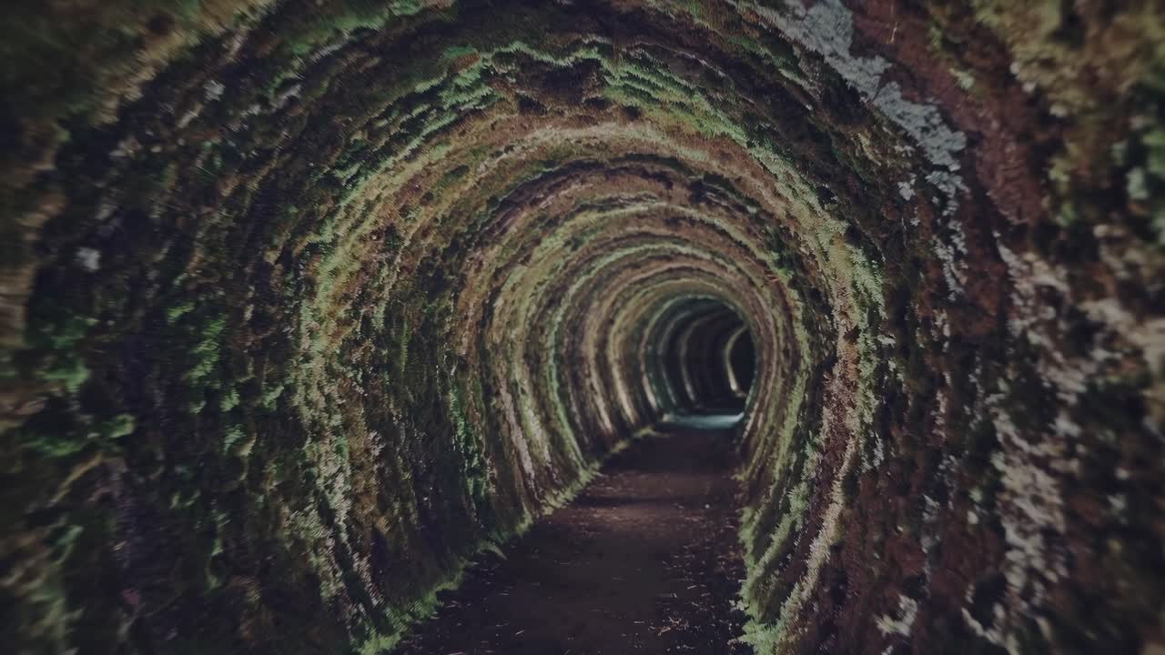 Enigmatic tunnel reveals textured walls and illuminated path, showcasing the gradual transition of light and shadow in a captivating underground journey